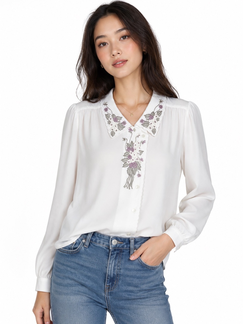 Vintage Feminine Scalloped Hem Floral Embroidered Blouse Countrycore Prairiecore